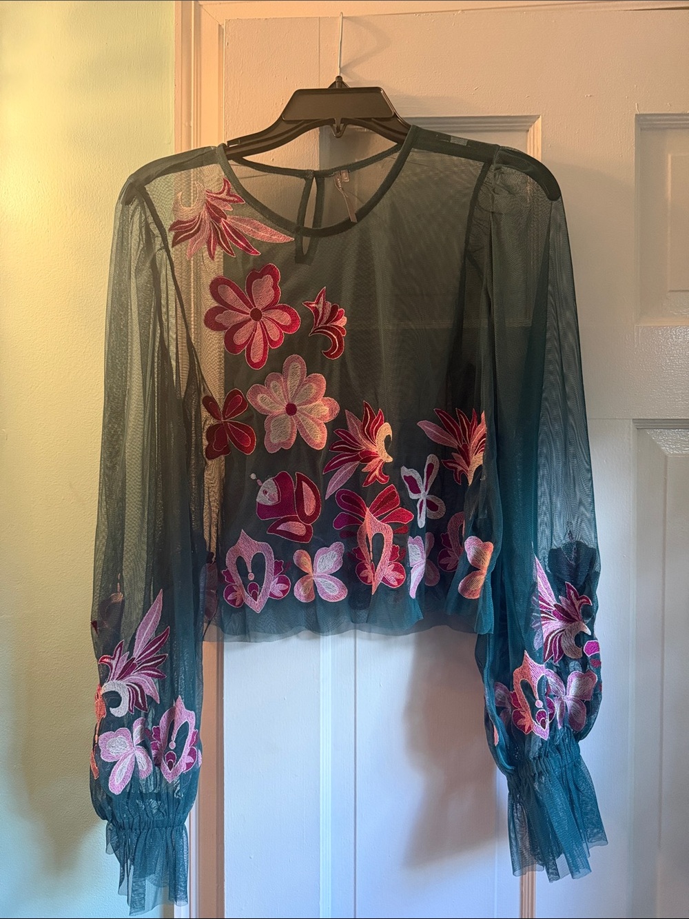 Anthropologie Teal Sheer Mesh Blouse with Pink Floral Embroidery